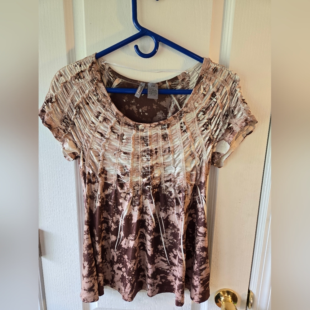 New Directions Brown and Cream Pleated Blouse